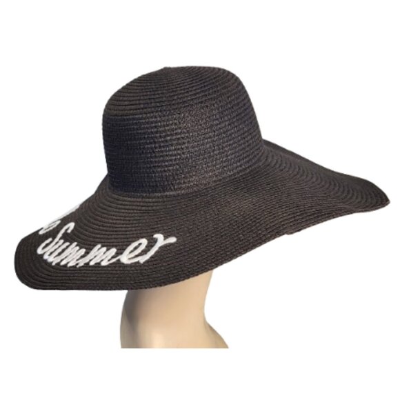 LUCKY 7 "Hello Summer" Black Floppy Summer Beach Hat - 100% Paper - Women's OS - Picture 2 of 8